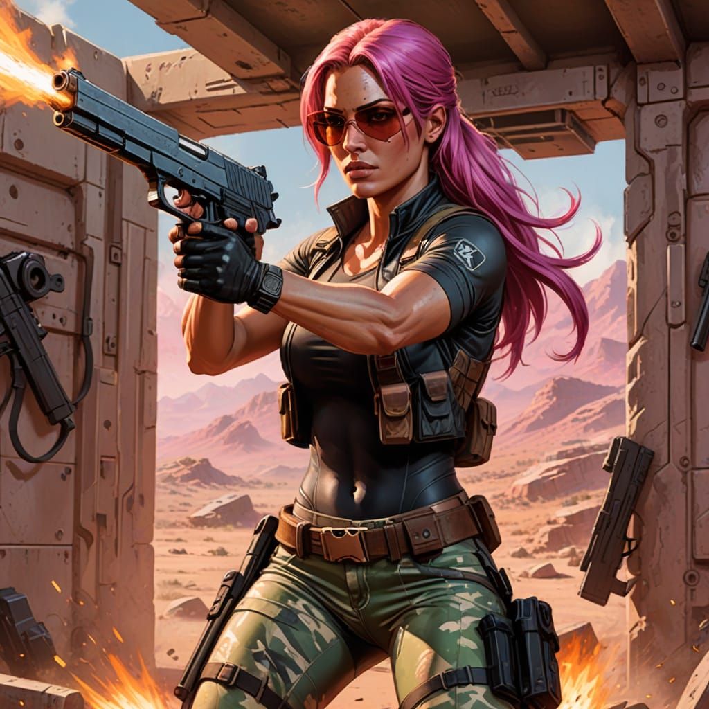 Camo Lara Croft with Desert Eagle, Comic Book Art