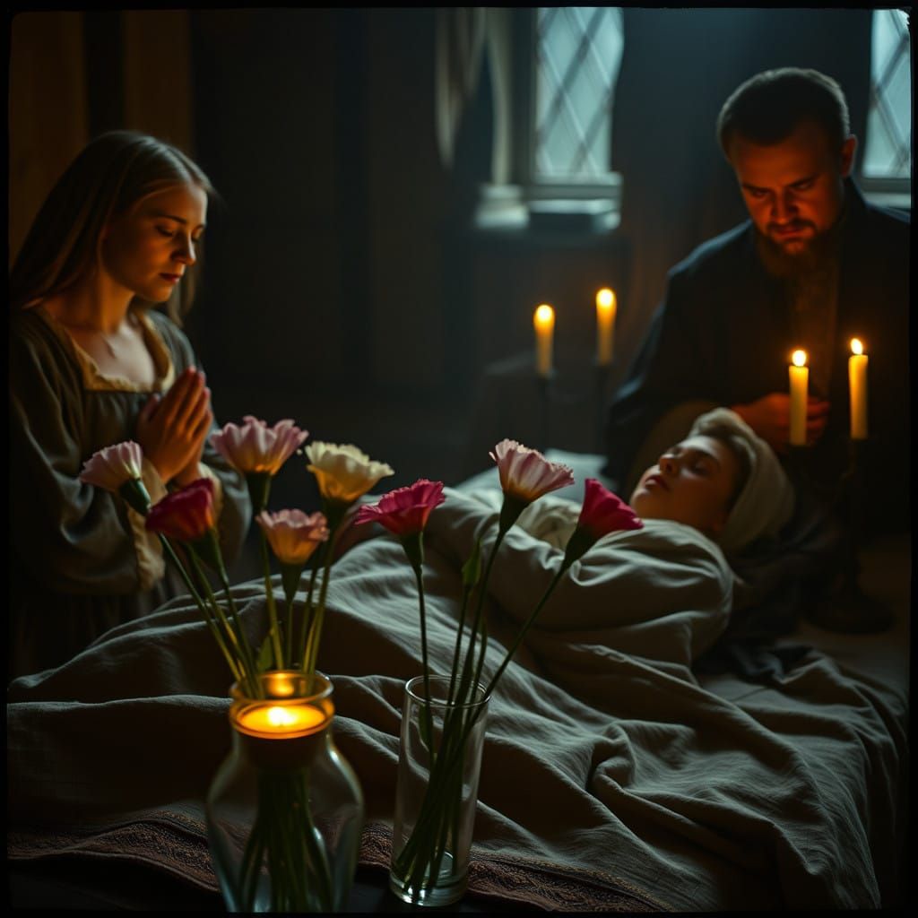 Medieval Woman's Final Farewell in a Somber, Golden Light