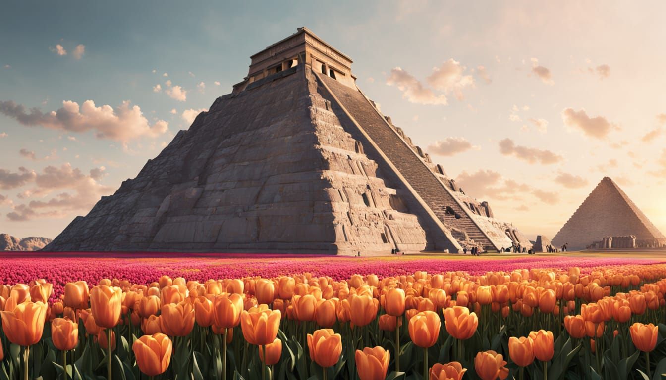 Vibrant Tulip Fields Meet Ancient Wonders in Hyper-Realistic...