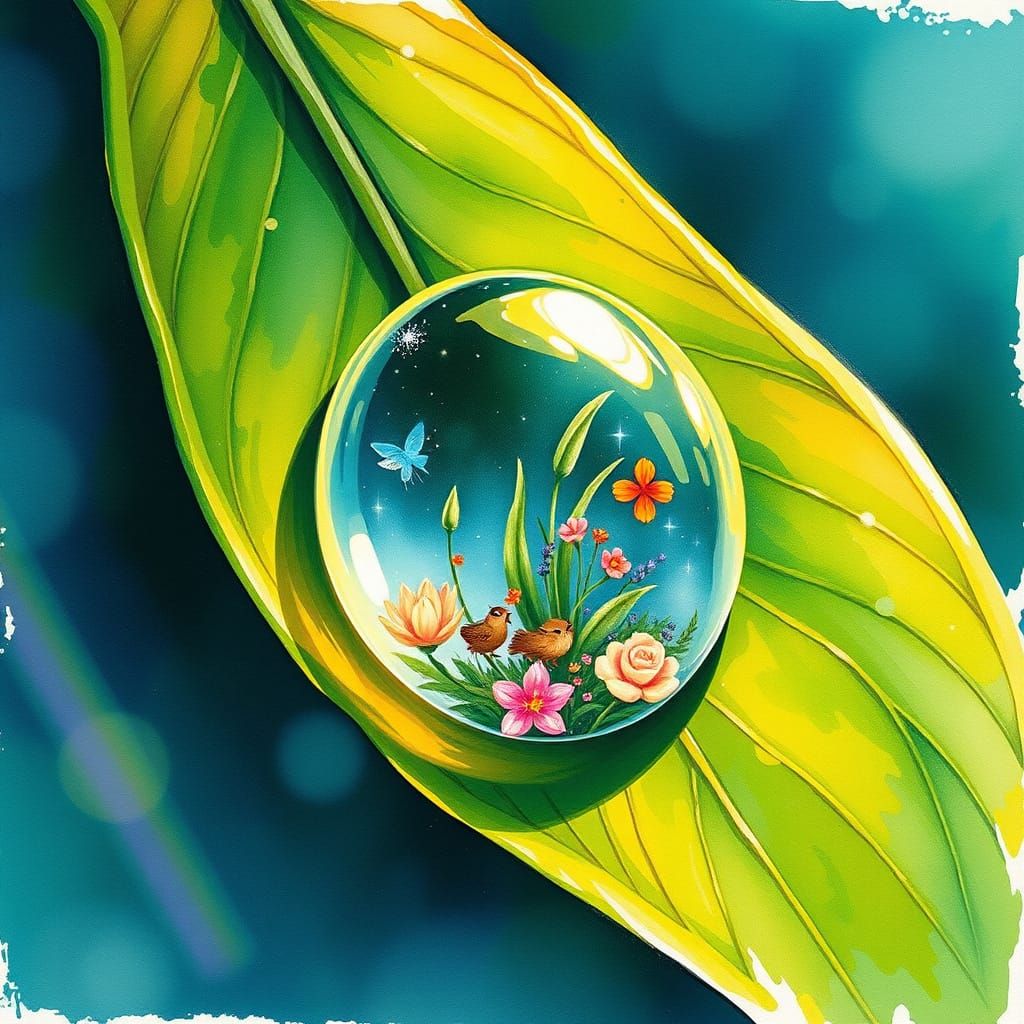 Miniature World Reflected in Dewdrop: Watercolor and Ink