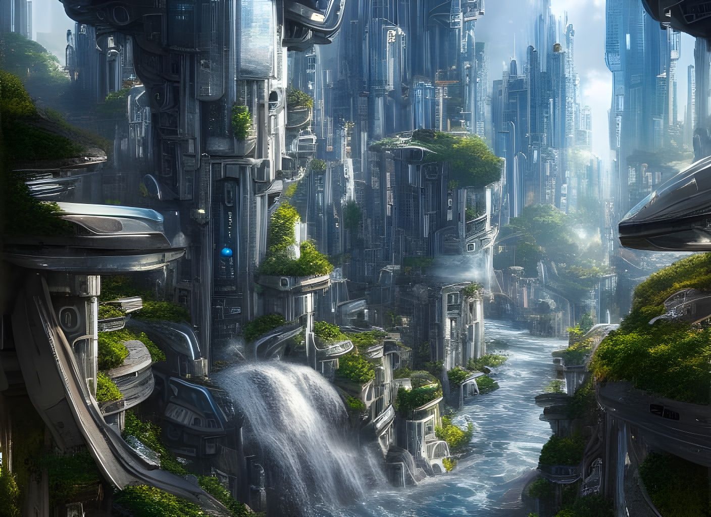 Spectacular Solarpunk Cityscape with Waterfalls and Forest