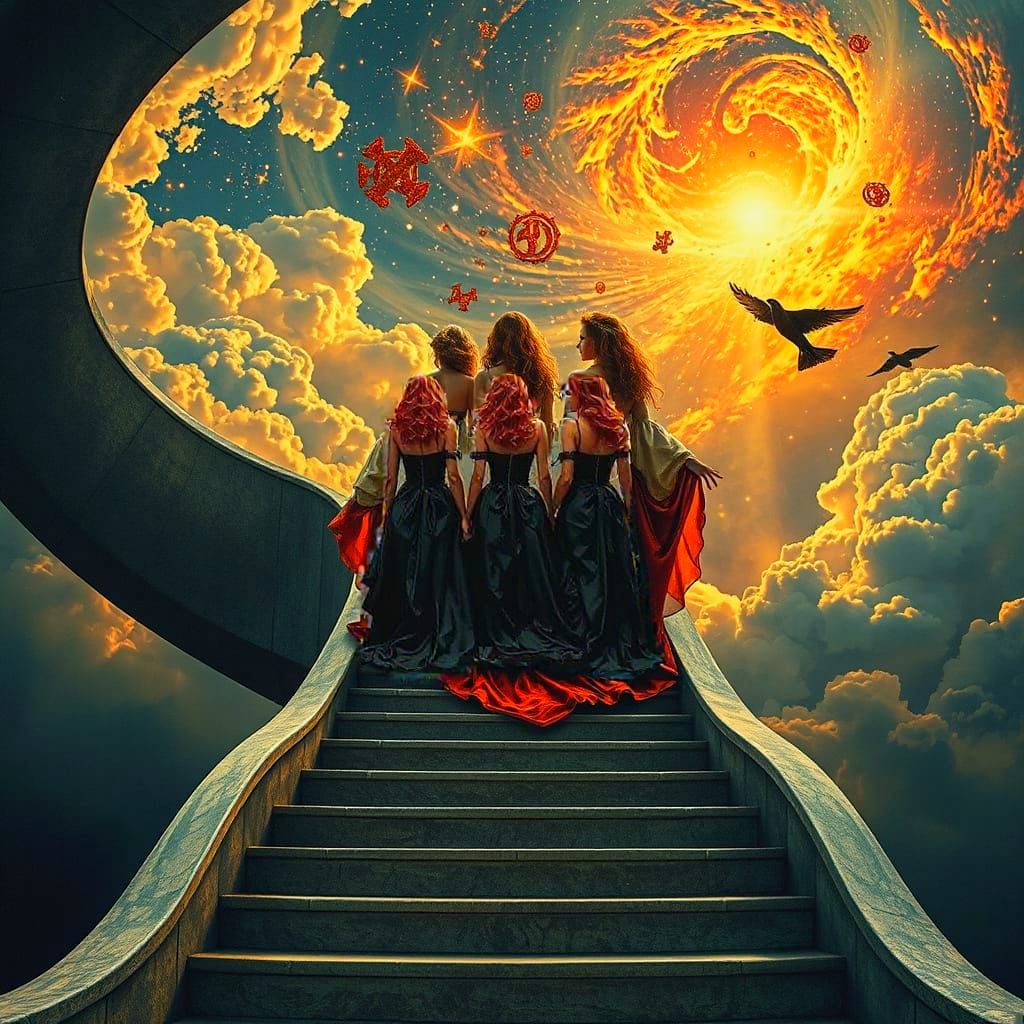 Three Sisters Ascend Celestial Staircase in Hyperrealistic S...