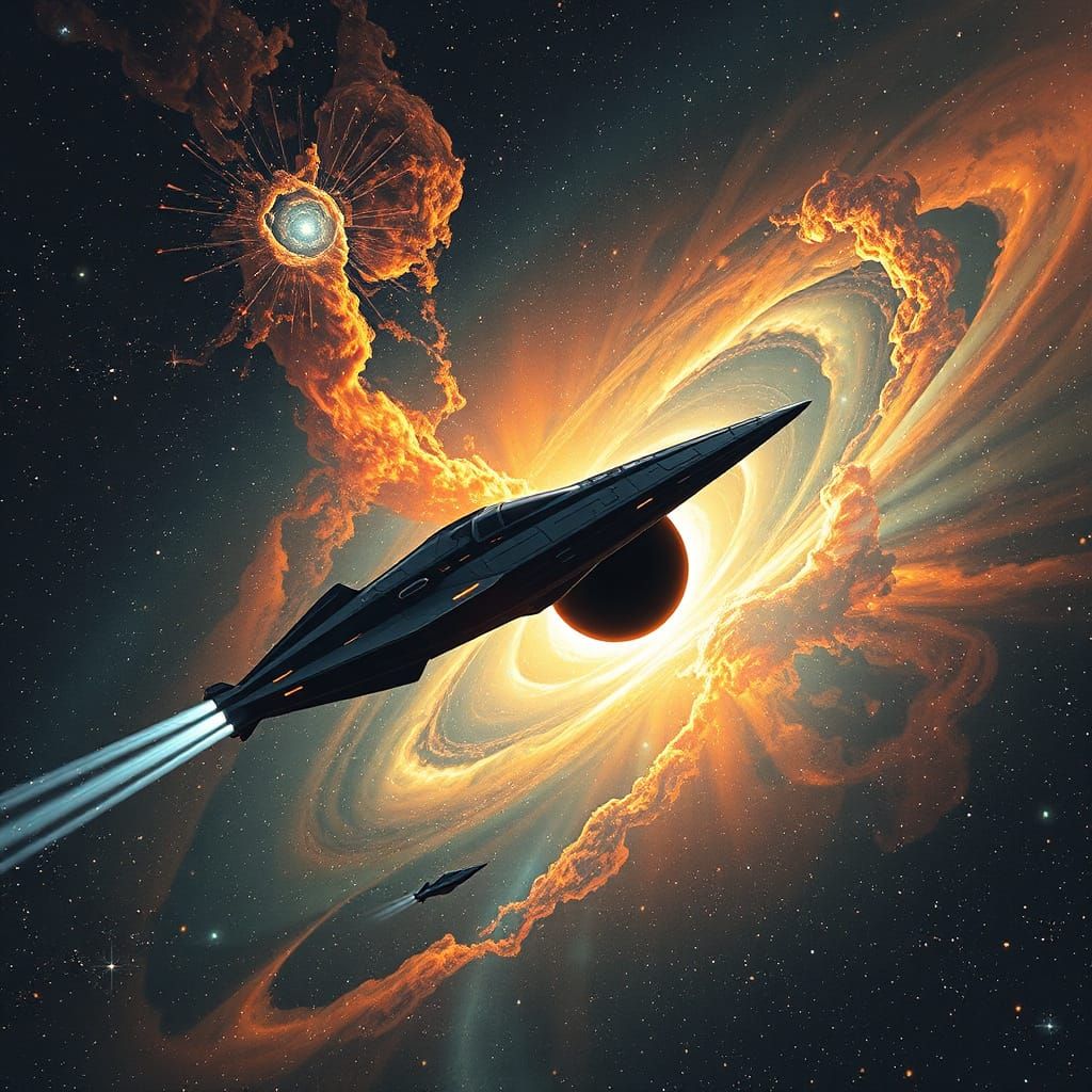 Starship Soaring Through Nebula in Aerograph Style