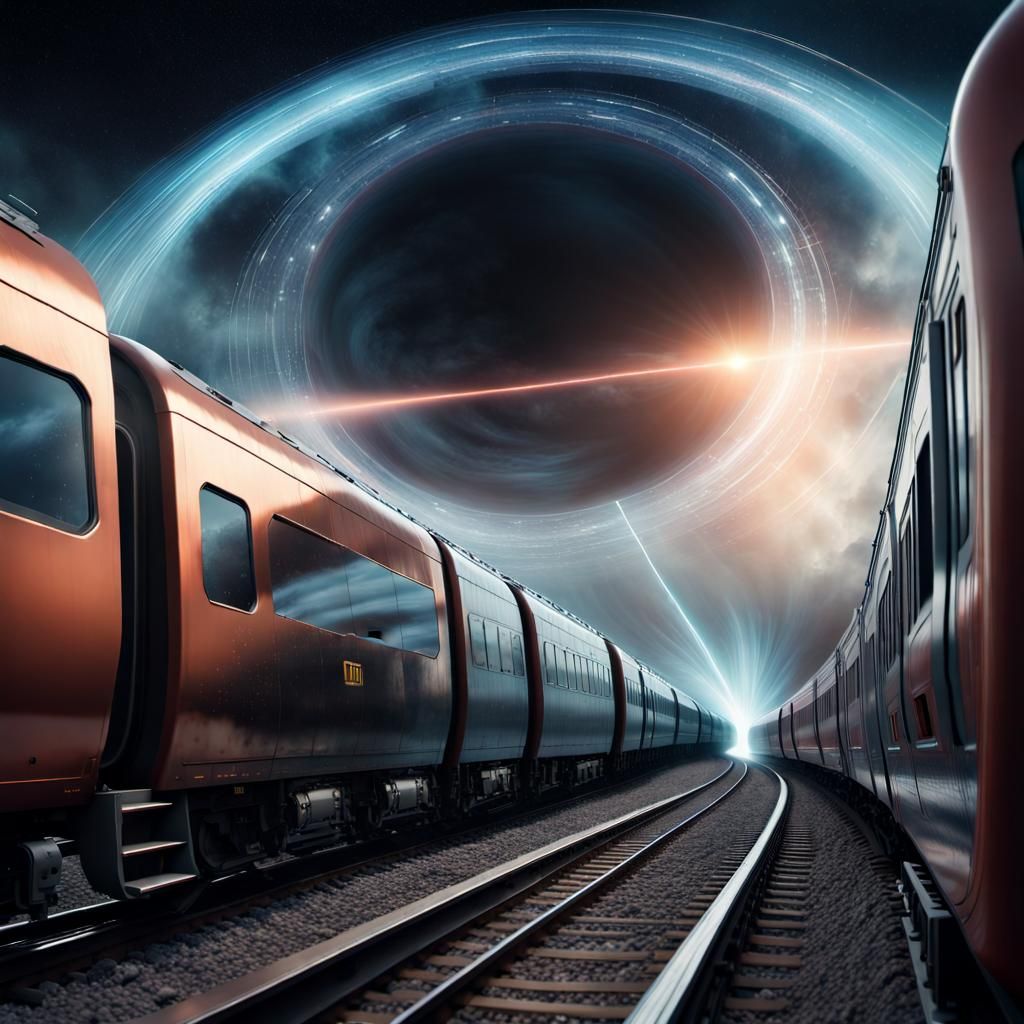 Trains Travel Through Wormhole in Digital Painting