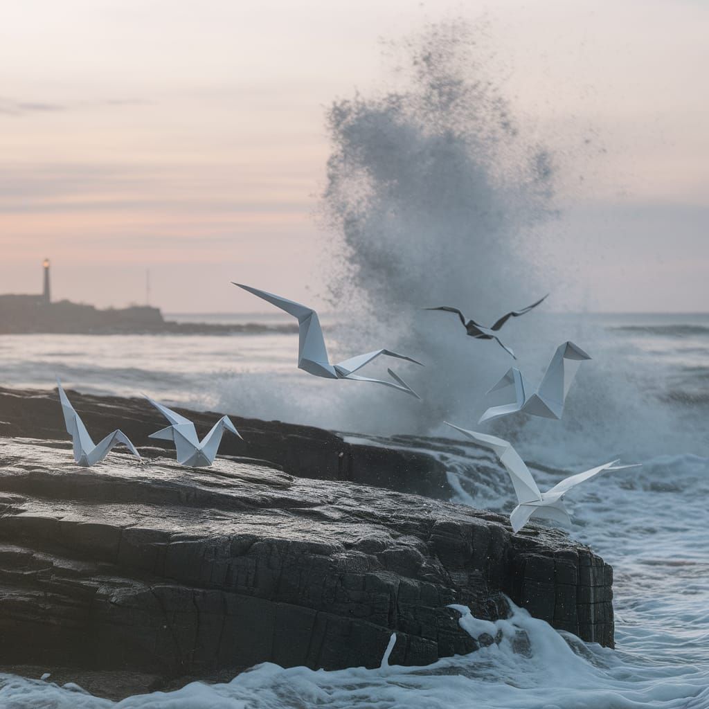Origami Seagulls Soar Above a Turbulent Seaside