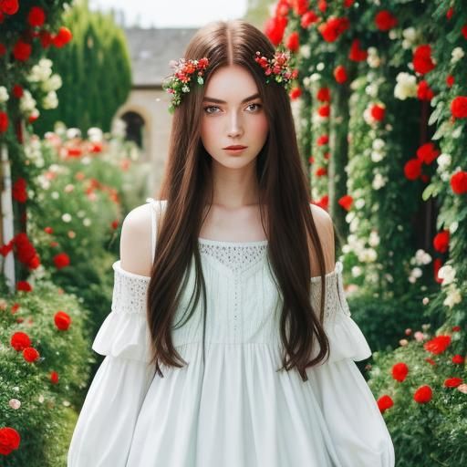 Girl Smelling Flowers in Garden with Green Eyes