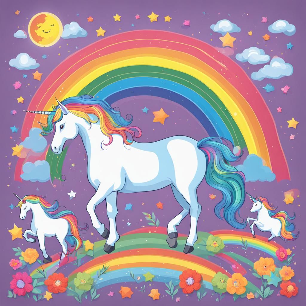 Rainbow and Unicorns in a Whimsical Scene