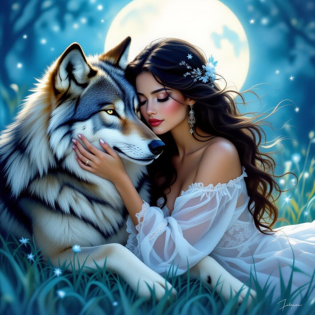 Woman Embraced by Wolf in Ethereal Moonlit Scene