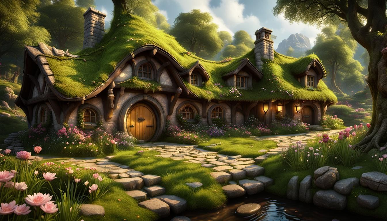 Enchanting Hobbit House in Flowery Landscape