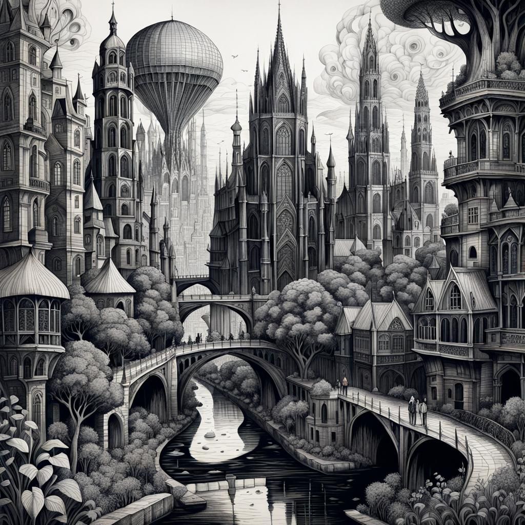 Detailed Ink Drawing of a Fantastical Cityscape