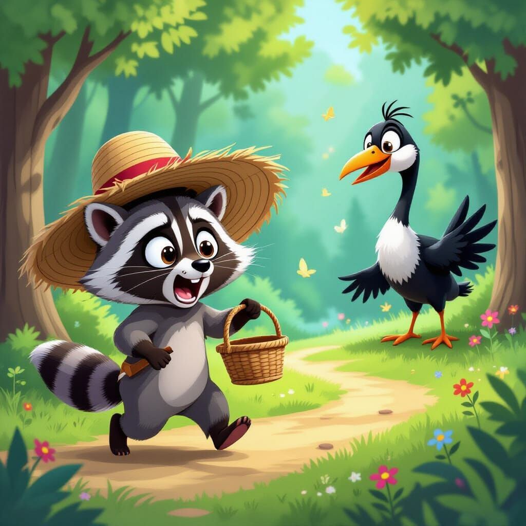 Cartoon Raccoon's Wild Chase Through Magical Forest