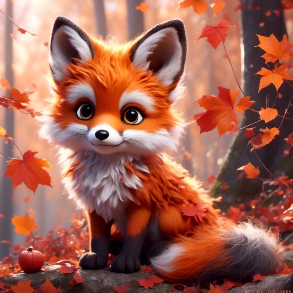Cute Autumn Fox Cub in Realistic Style