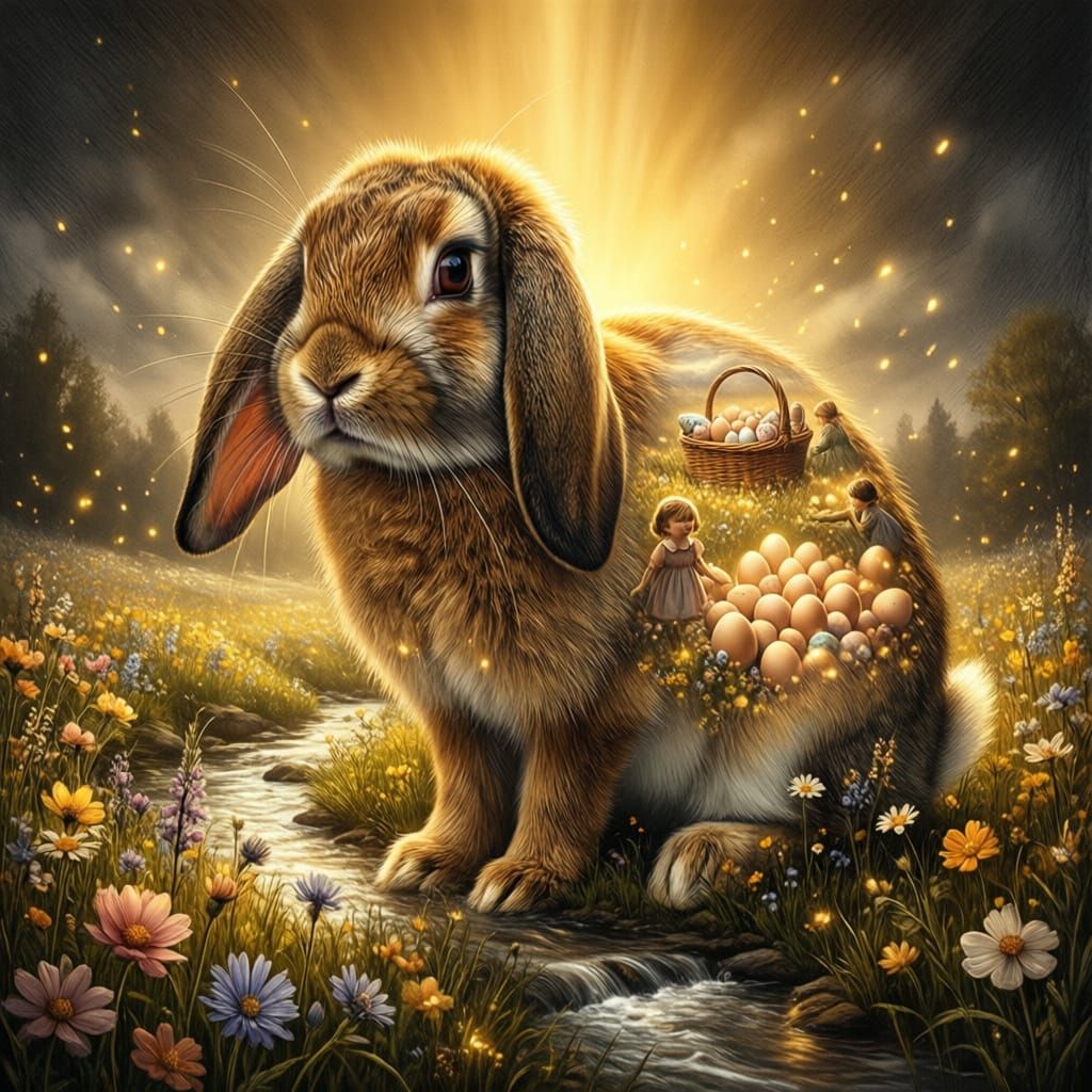 Surreal Easter Bunny Double Exposure with Wildflower Meadow