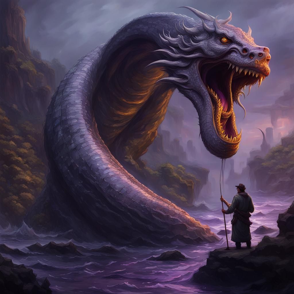 Giant Serpent Eats Fisherman: Dark Fantasy Concept Art
