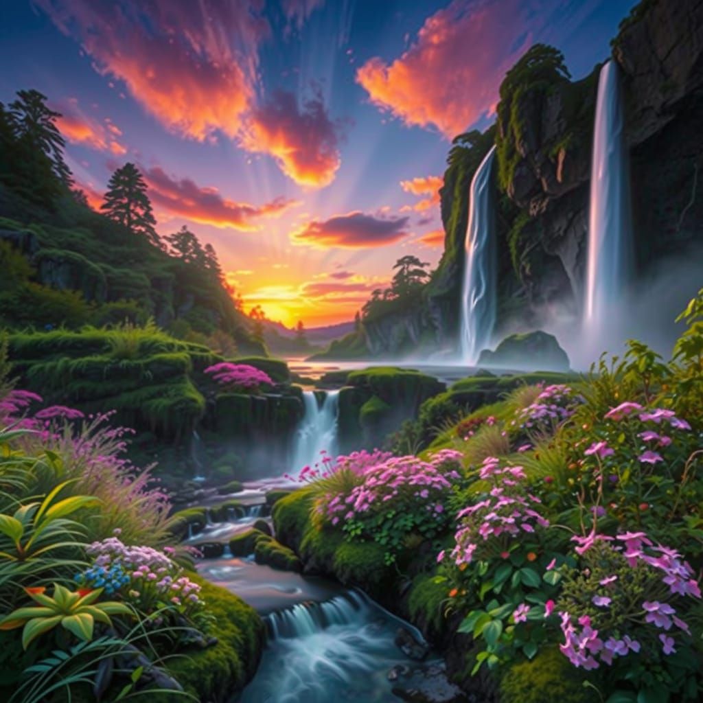 Vibrant Sunrise Landscape with Cascading Waterfall