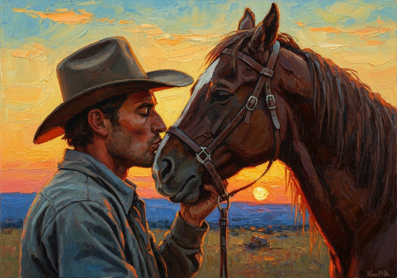 Cowboy Tenderly Kisses Horse at Sunset
