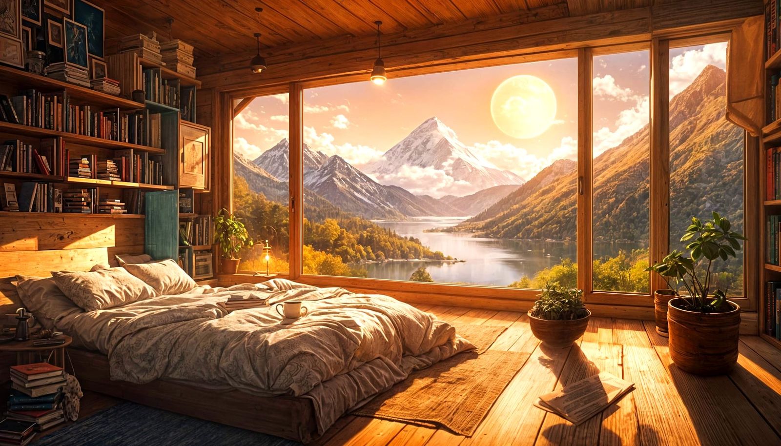 Cozy Reading Nook with Mountain Lake View