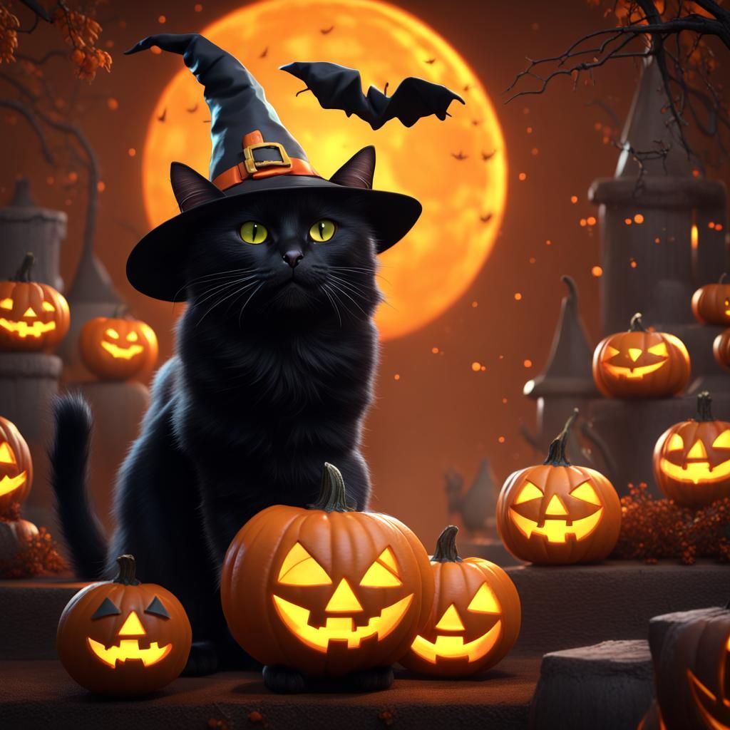 Halloween Cat with Jack-o-Lanterns in Matte Painting Style