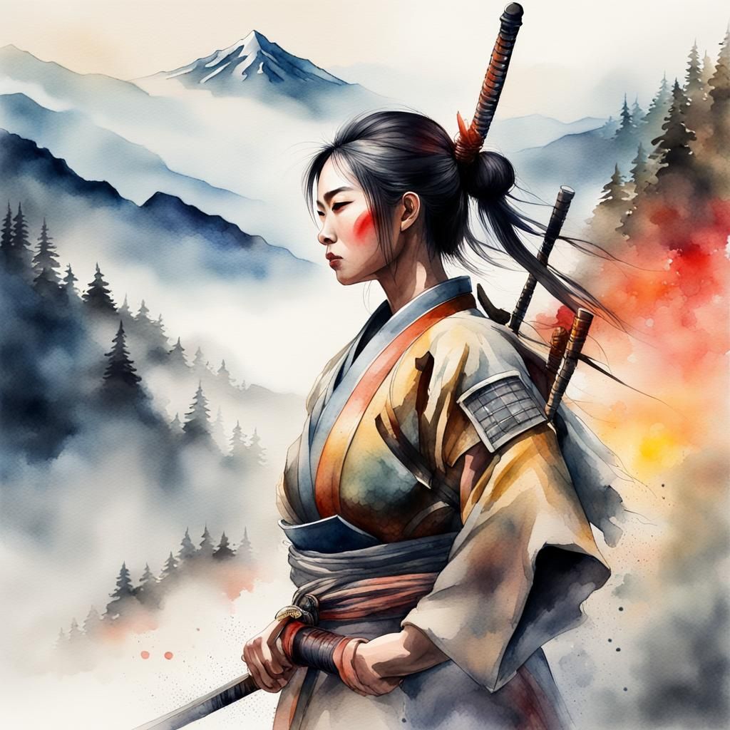 Japanese Warrior in Misty Mountains: Watercolor Splash Art
