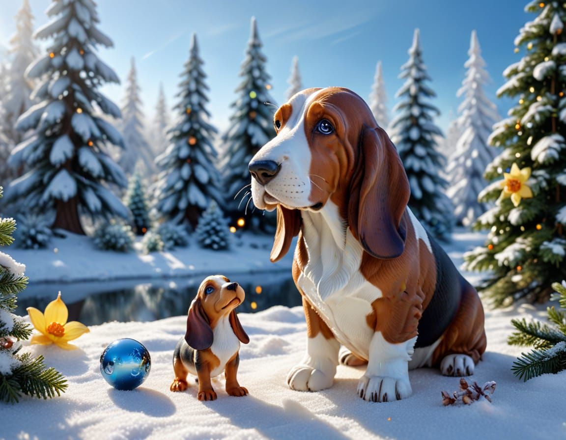 Adorable Christmas Basset Hounds & Duckling in Snowy Forest