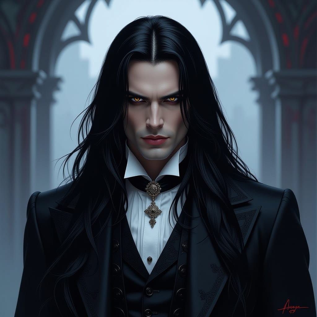 Gothic Vampire with Long Black Hair and Aristocratic Feature...