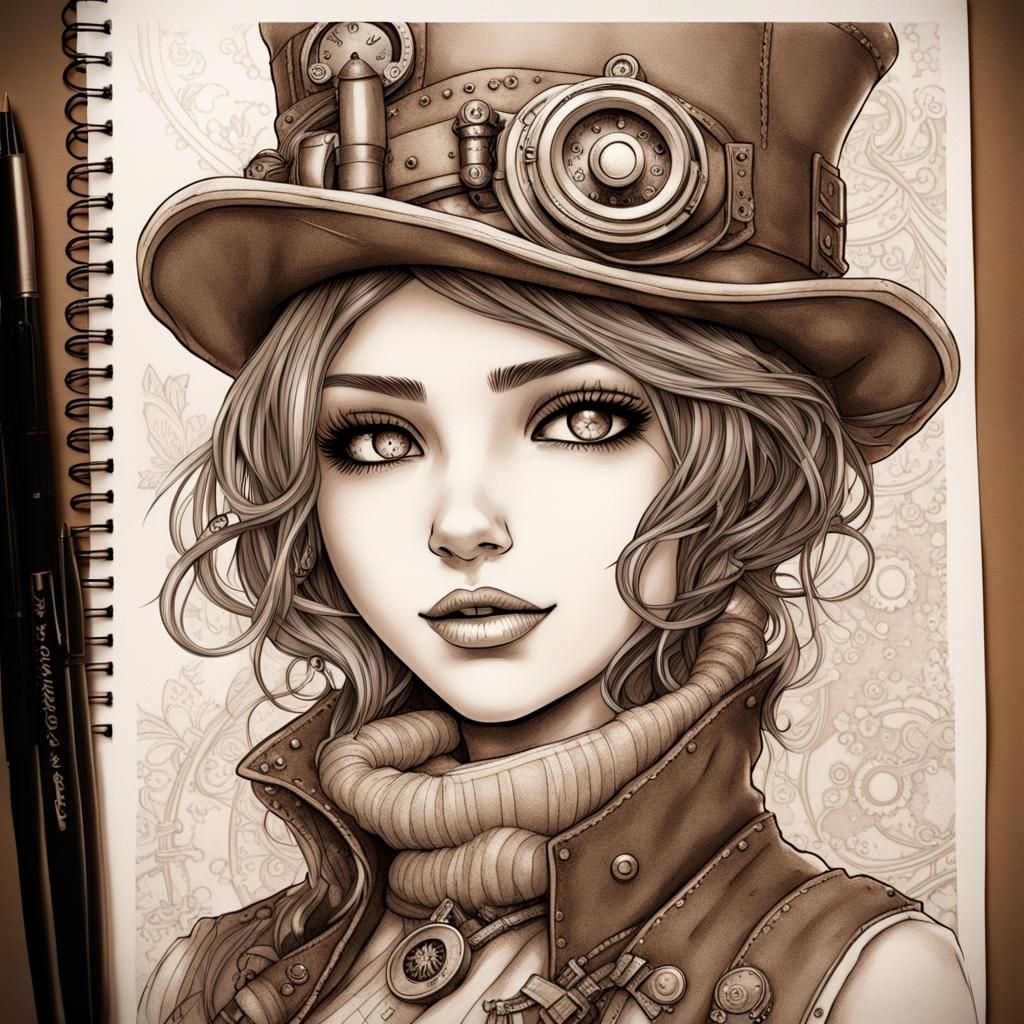 Steampunk Girl in Winter Sepia Ink Sketch