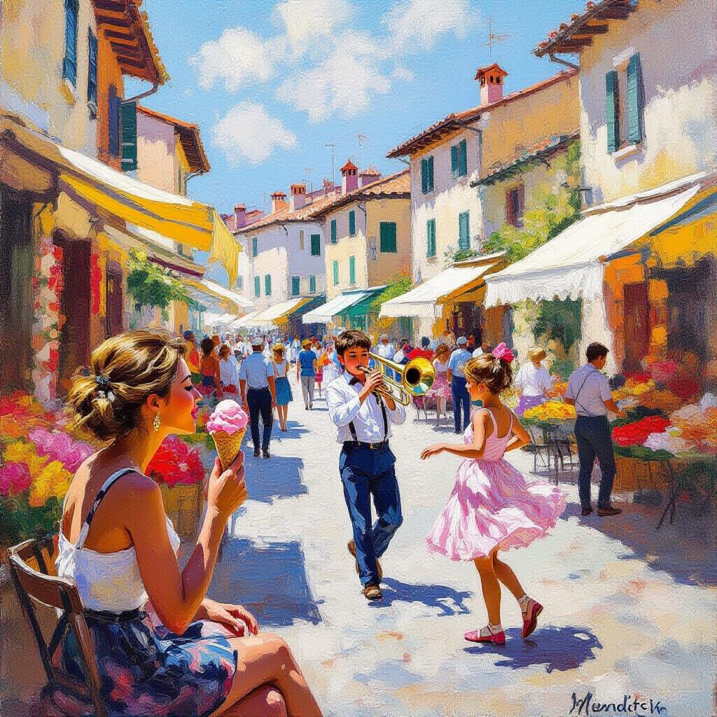 Vibrant Impressionist Oil Painting of Italian Village Life