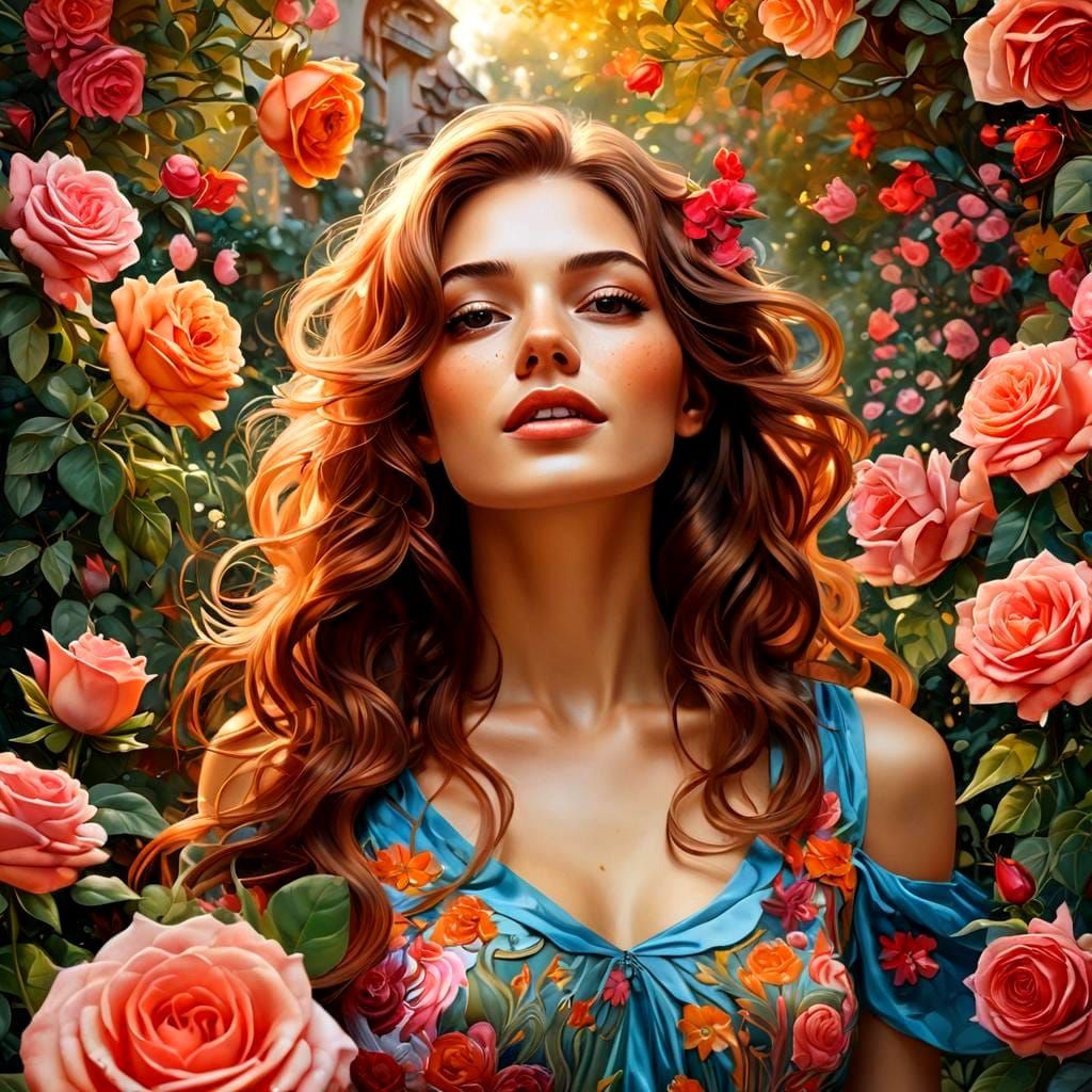 Resplendent Woman in Rose Garden: Fantasy Illustration