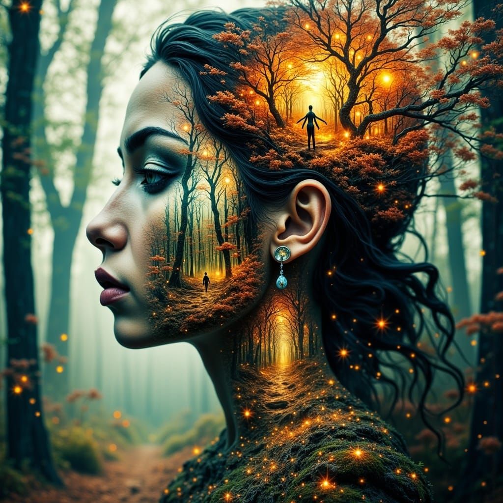 Abstract Princess in Woods: Stained Glass Digital Art