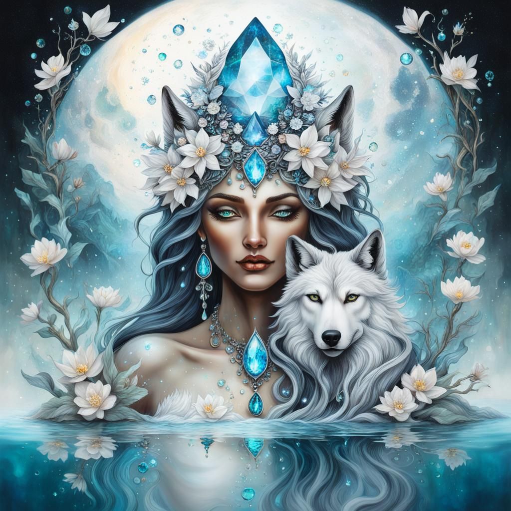 Goddess and Wolf with Crystal Flowers