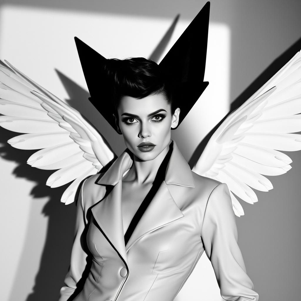 Geometric Winged Model in Black and White Photography Style