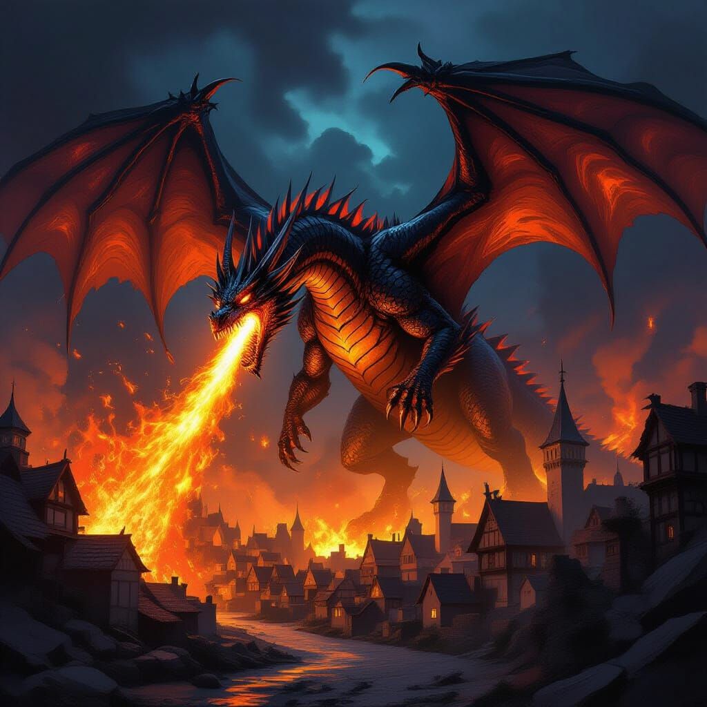 Obsidian Dragon Erupts From Flames Over Medieval Town