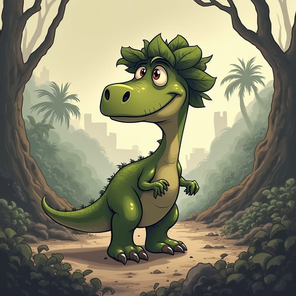 Cartoon Dinosaur in Ashy Crater, Animated Style