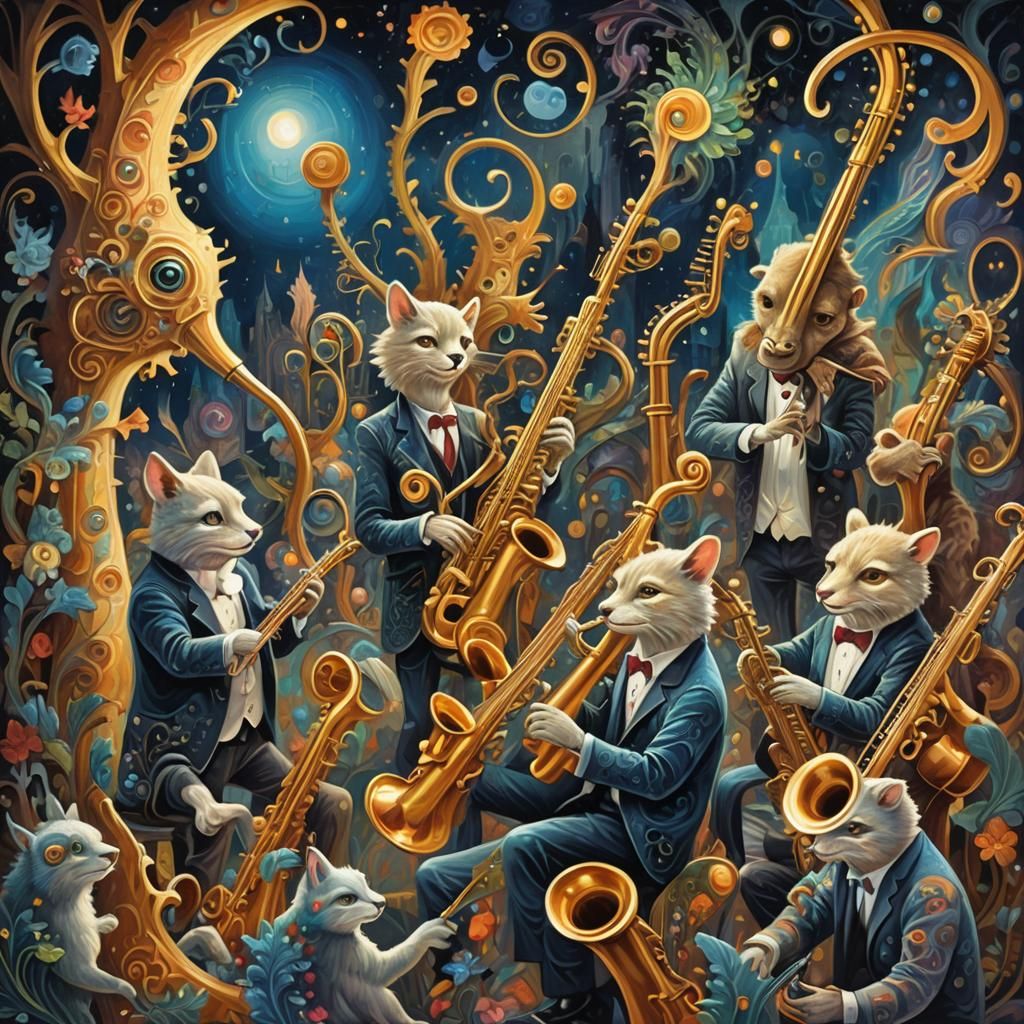 A group of animals play jazz instruments in a holographic go...