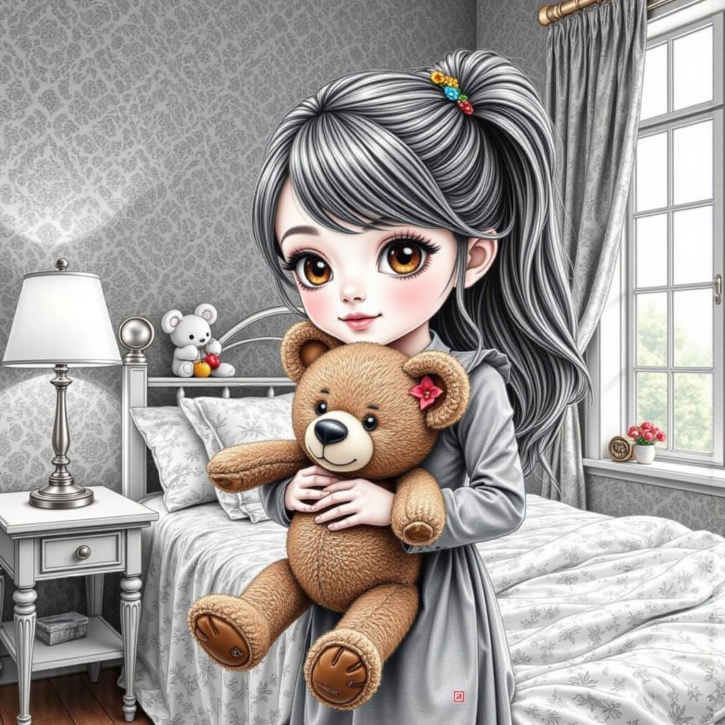 Chibi Girl With Teddy Bear Graphite Illustration
