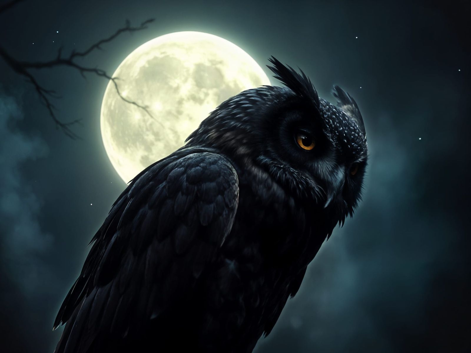 Mythical Black Owl Backlit by Full Moon