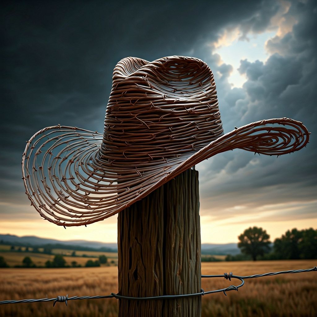 Barbed Wire Cowboy Hat on Fence Post