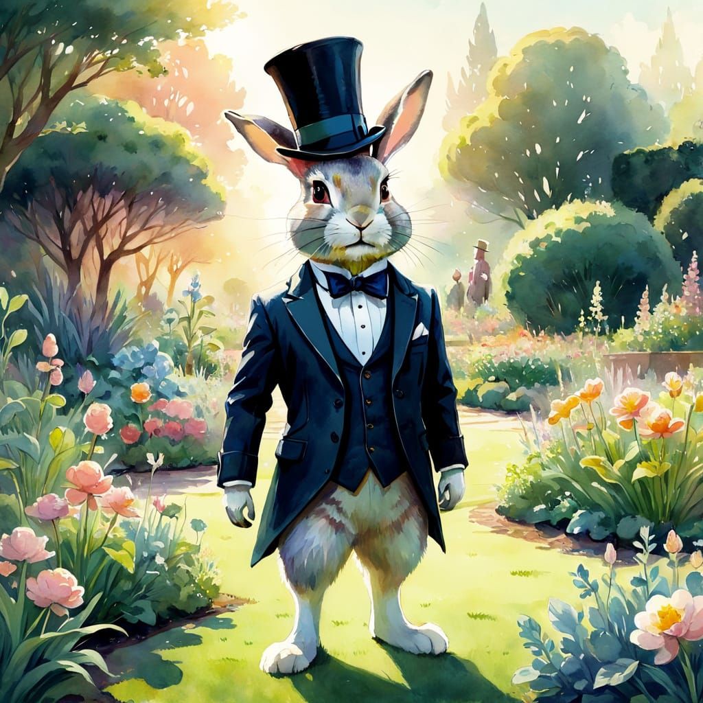 Rabbit in Suit: Whimsical Watercolor Garden Scene