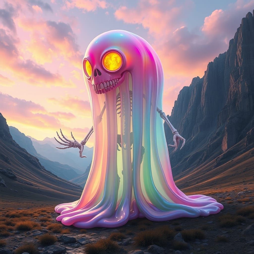 Giant Multicolored Slime Walks Through Shifting Valley