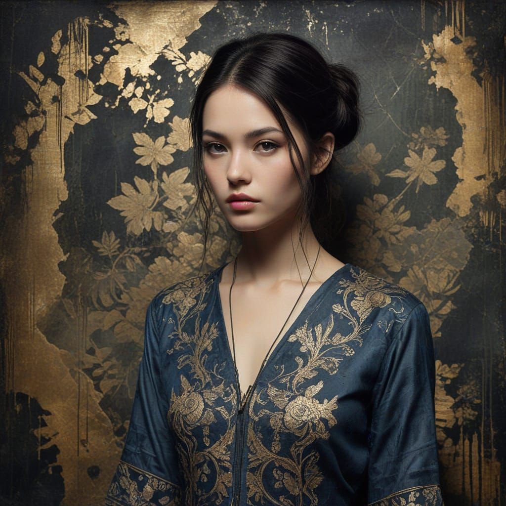 Mixed Media Huntress Portrait in Ethereal Indigo and Gold