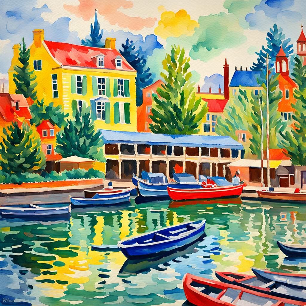 Riverside Town in Gouache and Watercolor Style