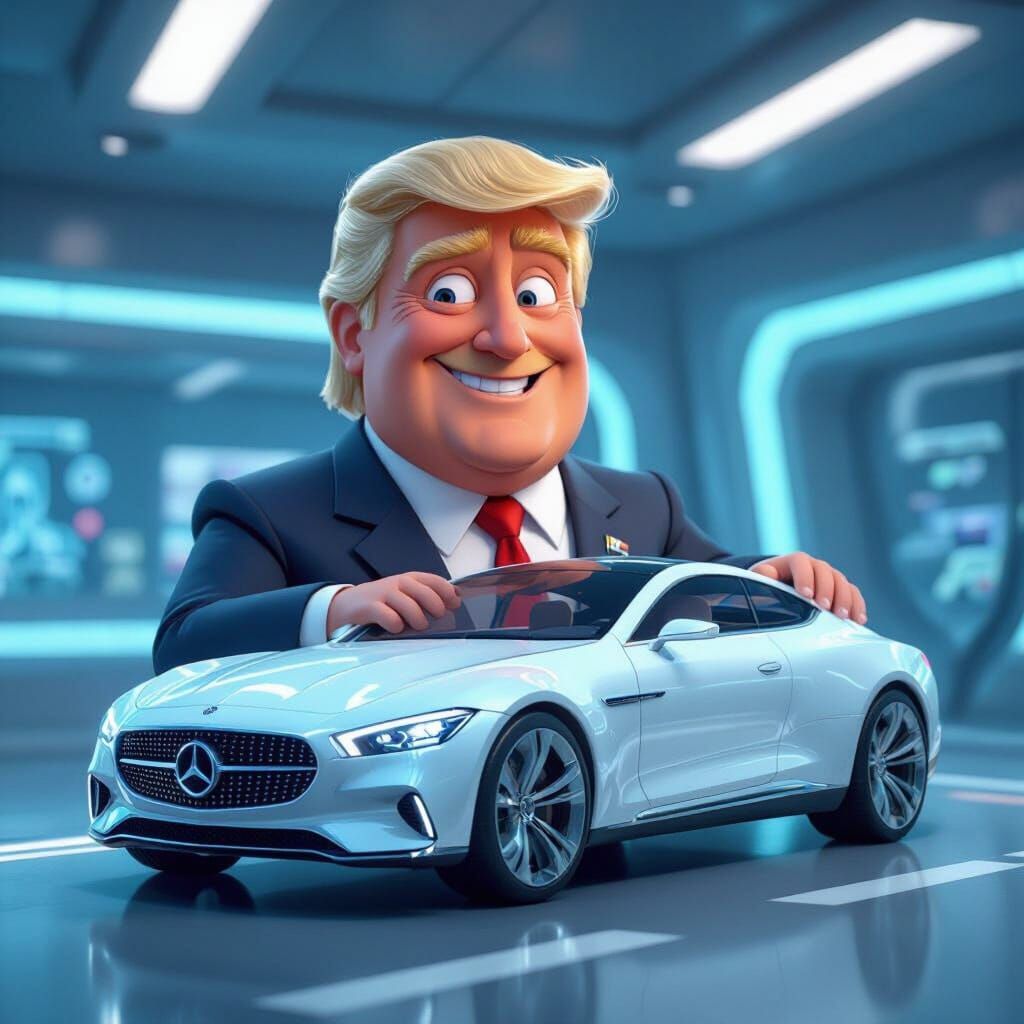 Cartoon Donald Trump in Futuristic Car, Pixar Style