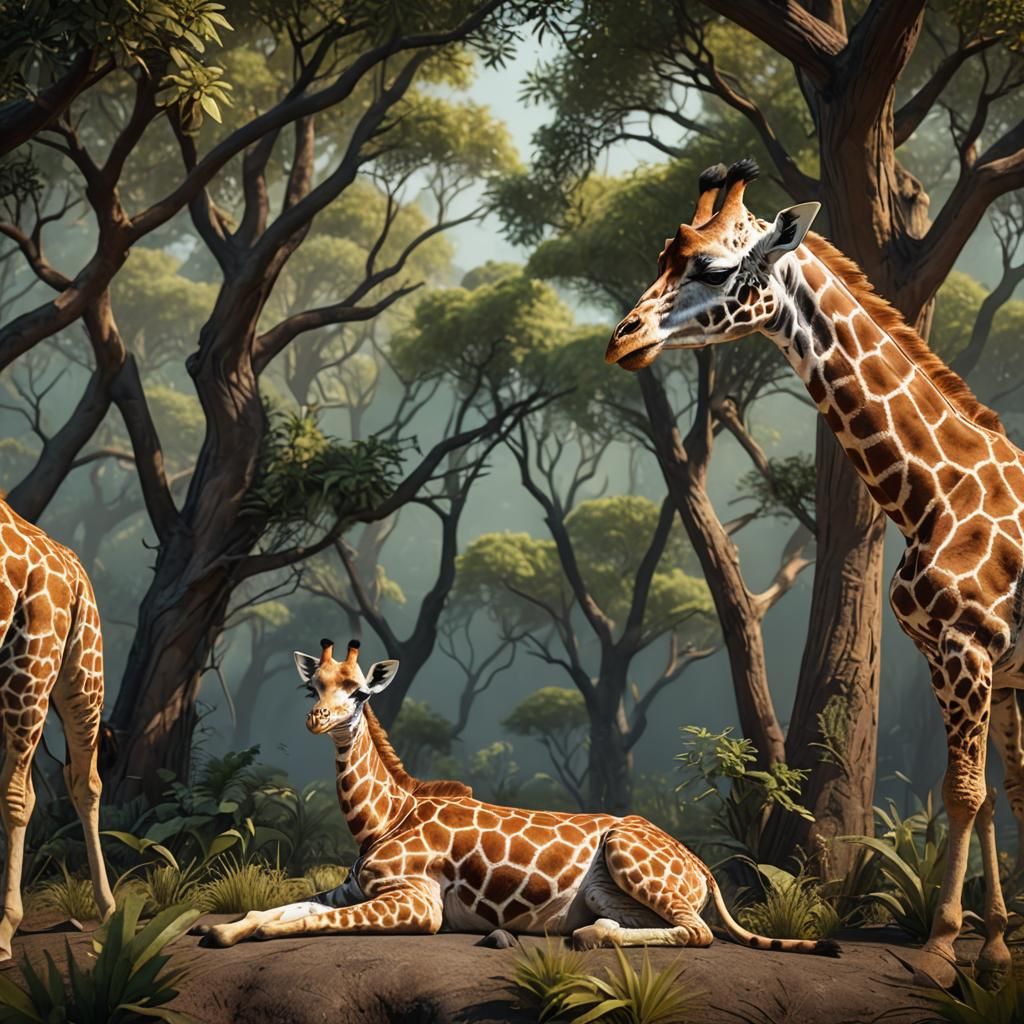 Resting Giraffes: Detailed Fantasy Concept Art