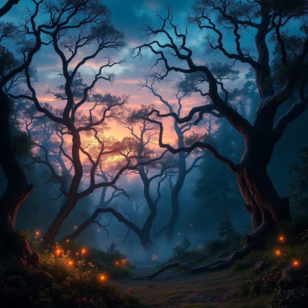 Enchanted Forest Landscape in Atmospheric Matte Painting Sty...