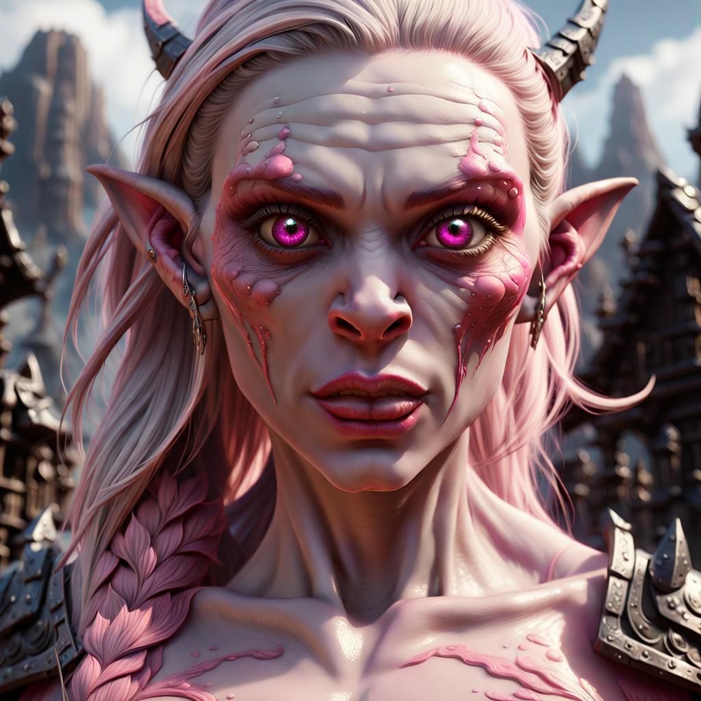 Pink-Eyed Half-Orc Giant: A Detailed Matte Painting