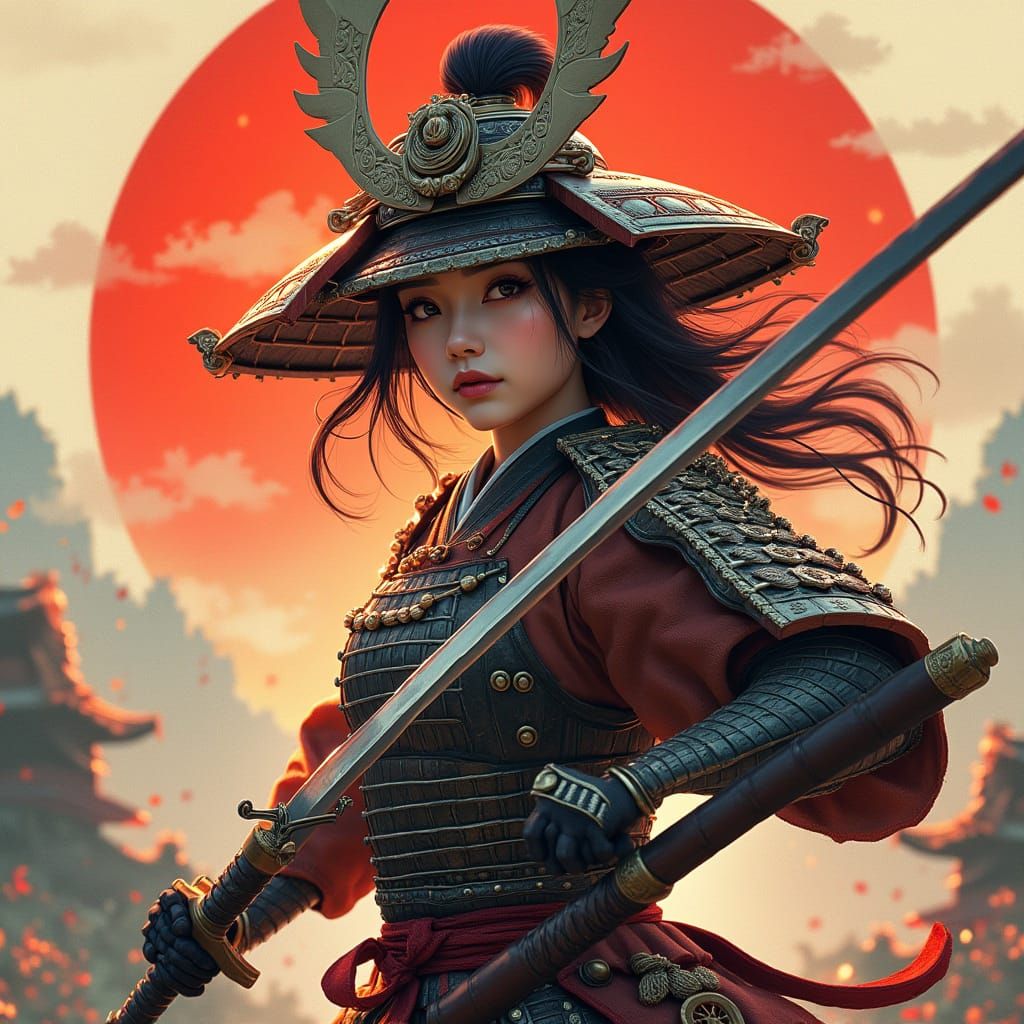 Samurai Woman Charging: Ukiyo-e and Anime Fusion