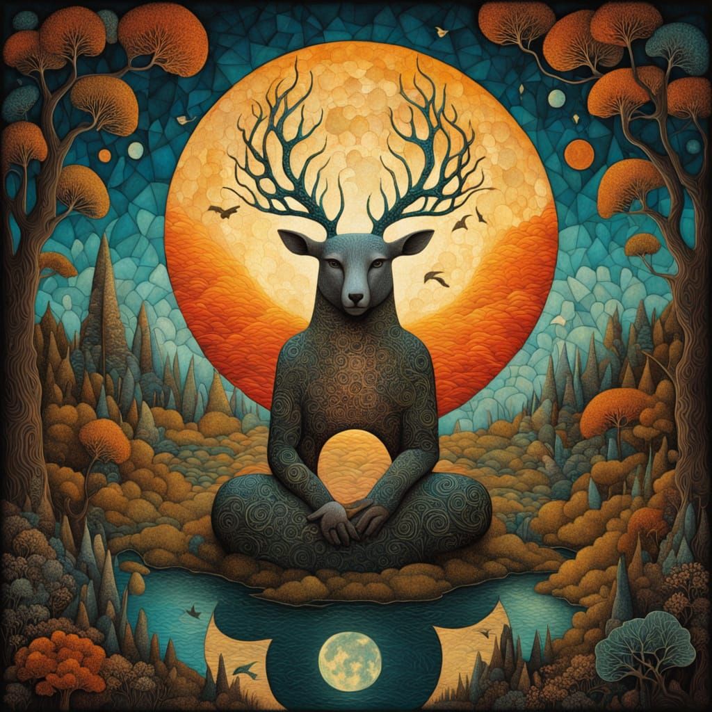 Shaman in Musical Labyrinth with Bioluminescent Details