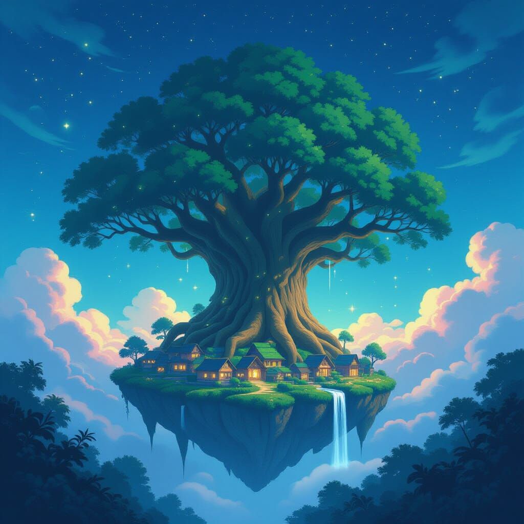 Floating Ancient Tree Village in Twilight Sky