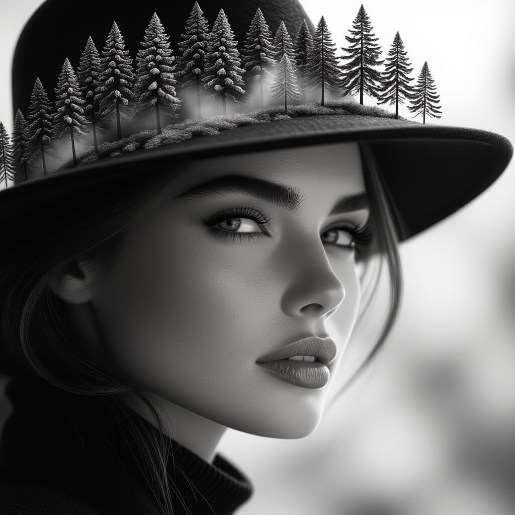 Woman with Miniature Forest Hat: Surreal Digital Art