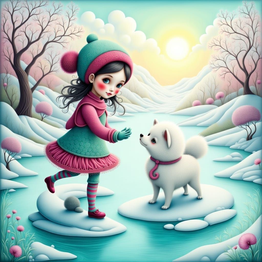 Girl and Dog Play on Frozen Lake in Whimsical Airbrush Style